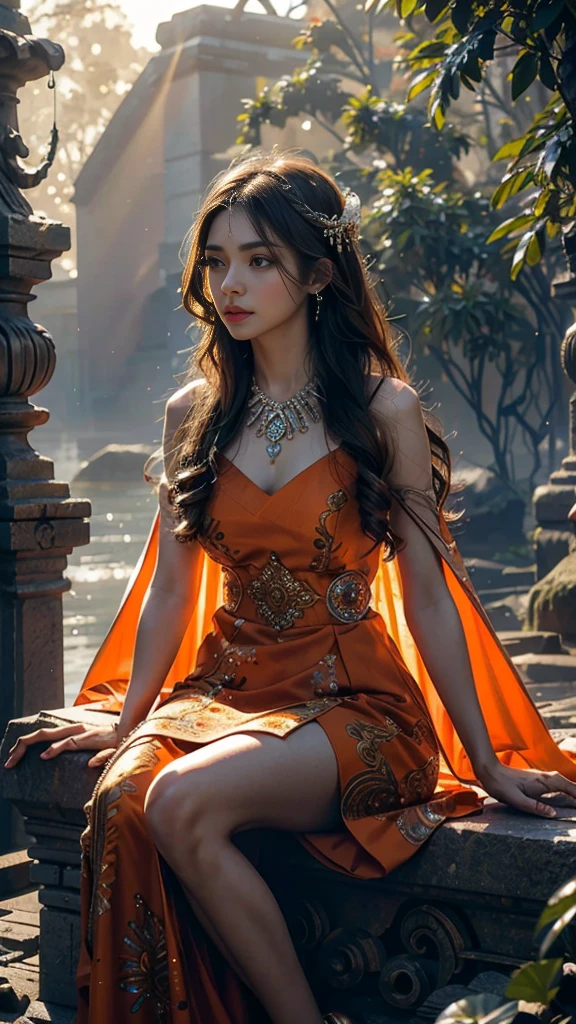 4K, UHD, Masterpiece, 1 girl, good face, detailed eyes, ((very long hair)), bridal hairstyle, butterfly on hair, ornaments, crystal ornaments, jwellery, block print dress, ((orange dress)), very detailed dress, strap dress, flowing cape, mesh stocking, cinematic unreal scenery, legendary scenery, rainy weather, wet ground, depth of field, ray tracing, bloom, god rays, lens flare, sun flare, cinematic pose, sitting,