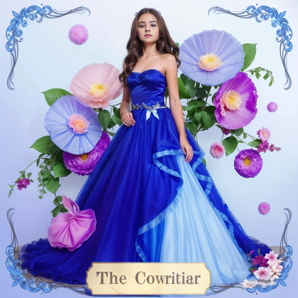 a gorgeous 10 year-old girl, straight brown hair, blue tulle ball gown, extravagant ball gown, extremely detailed, 4k, perfect face