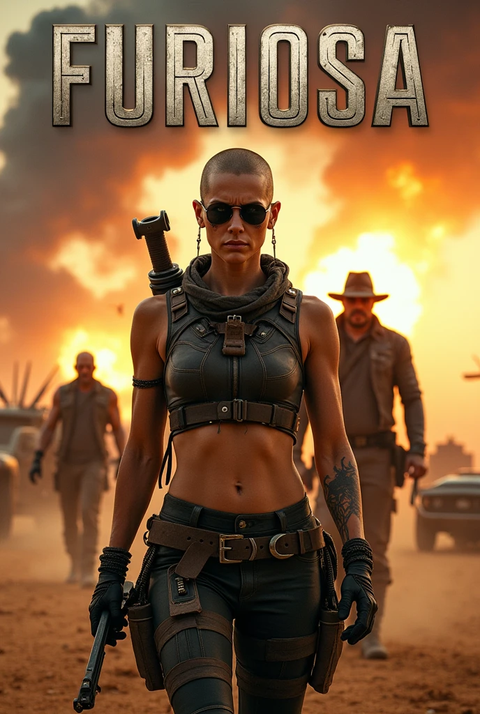 Center Furiosa, a fierce woman with a shaved head and black war paint across her eyes, in the foreground. She should be wearing rugged, battle-worn clothing and wielding a weapon. In the background, include prominent characters from the Mad Max saga, such as Max Rockatansky, with his rugged appearance, and Immortan Joe, with his menacing mask. They should be positioned on either side of Furiosa, slightly blurred but still recognizable. The desolate desert landscape should feature rusted, spiked vehicles and a stormy, dusty sky filled with fire, explosions, and flying debris. The overall color palette should be dark and gritty, with heavy contrasts to emphasize the harshness of the environment. The title 'Furiosa' should be bold and metallic, placed prominently at the top or bottom."
but i need to 16.9. ratio sezi