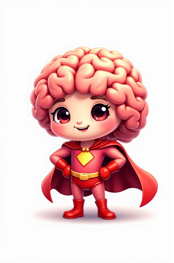 A vector image of a cute brain character with large, expressive eyes, small arms, and legs. The brain is dressed as a superhero, wearing a bright red costume with a matching cape that flows behind it. The character stands confidently in a heroic pose, with a friendly smile on its face. The background is plain white to ensure the focus remains entirely on the brain character. The overall style should be adorable and cartoonish, with smooth lines and vibrant colors, making the brain appear both heroic and endearing.