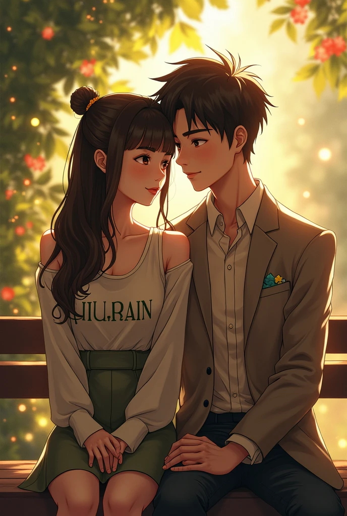 A beautiful girl whose name is HURAIN written on her clothes and a handsome boy whose name is HIMANSHU written on his clothes, both together. and who is sitting on a bench