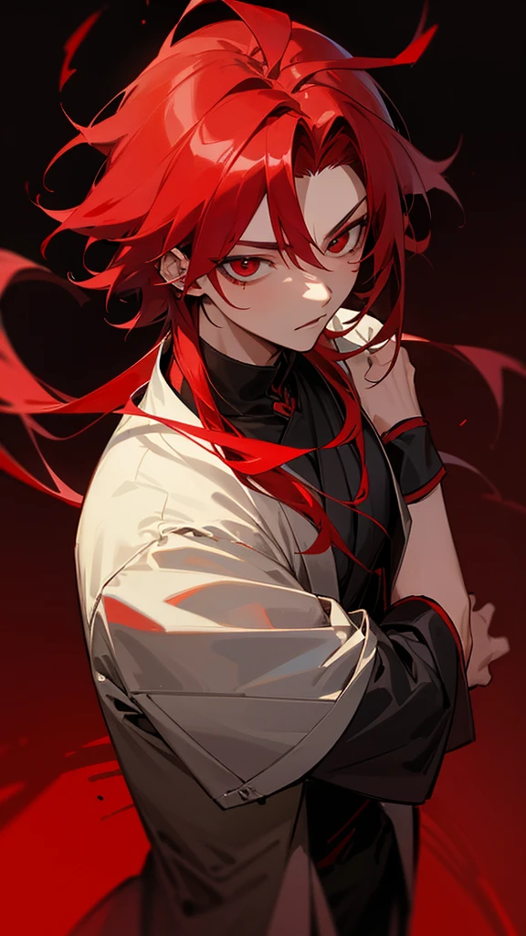 a young Korean man with long crimson red hair ,red eyes piercing gaze ,vampire appearance ,skin fair ,appearance of a larger adult, Altura alta, wearing red clothes, strong bodie, dark background books