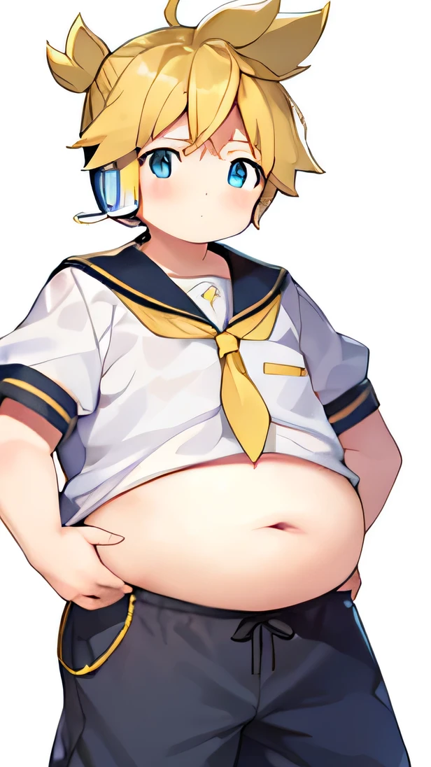  boy, Kagamine Len, (plump), (chubby), chubby body, whole belly spilling over the waistband, ((over small sailor uniform)), short sleeves, (short pants), earphones, tie, (light blushed), standing in his bedroom, parted lips, proudly showing his belly to the viewer, smiling