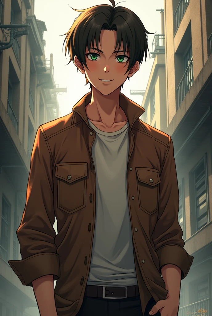 Attack on Titan anime style image of a 26 year old man with brown hair, short hair, round face, Skinny body, Street clothes, smiling, green brown eyes