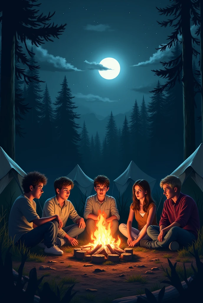 6 friends are in the forest and sitting around a campfire, it&#39;s night, in the sky are stars and a full moon, behind the friends are 3 tents, the atmosphere is horror