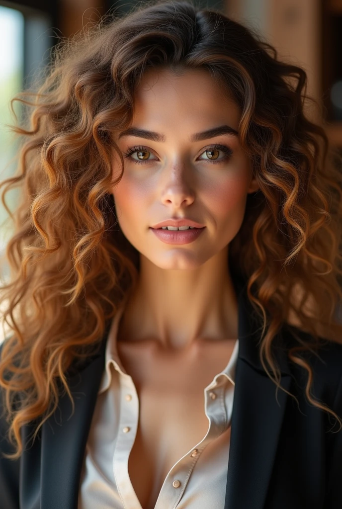 Girl, an oval and more defined face, with slightly more pronounced cheekbones. Her clear and soft skin. his eyes, large and chestnut , a deep and confident look, with dark eyebrows, fine and well defined, thick.

Her straight nose is proportional and harmonious with the rest of her features.. The lips, Natural pink color, with its shape defined especially in the upper lip.

Curly and voluminous hair highlighting, but I could wear it in a more polished and professional style, Chestnut colored with golden highlights.
 La Girl debe tener 30 años y ejercer turismo (your profession)