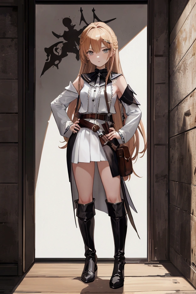 (Masterpiece. The best quality. Crisp focus. Depth of field, The best shadows. Perfect lighting. HDR. Ultra-detailed background. Detailing). Tora Dora. Taiga Aisaka. 1 girl. girl. Tsundere. Long hair, hair to the waist, Beautiful nose, perfect facial features. Small breasts, flat chest, tiny body. Thin waist, rounded hips, long beautiful legs. Bondage, white linen blouse. Short, leather, flared skirt. Leather knee-length boots, Wide leather belt. Two muskets on the belt. Eye patch. Hands on hips. Feet shoulder-width apart. Standing on the deck of a ship. Standing at full height. Looking at the viewer. Concept art. Full body.
