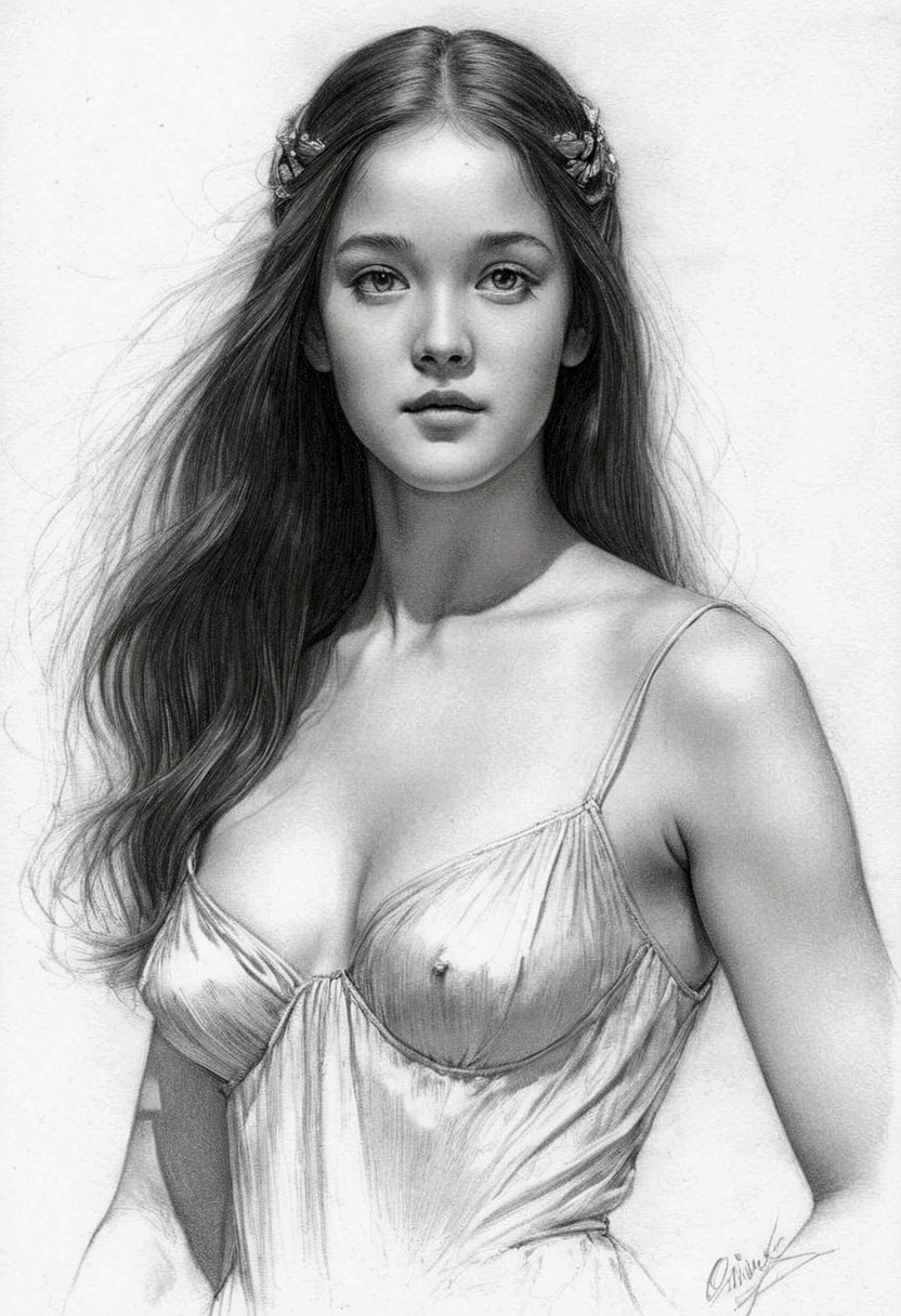 A delicate, graphite sketch portrays, a nude young beautiful Olivia Hussey look in Romeo & Juliet, medium firm breasts, standing bare feet without background, her features rendered in subtle shading and precise lines. The framing is tight, focusing attention on the subject's serene face. Soft, feathery strokes convey the gentle texture of her hair,