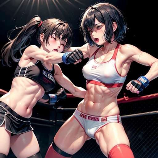 punch, punch, punch. two bloody beautiful Japanese female fighters are looking at each eyes. life or death struggle. survival battle. dynamic exciting action in the octagon fighting ring. whole body picture. they are beating each other so hard. their punches to each other's faces. they are covered in scars and bruises. they are damaged terribry. Short-cut black hair, out of breath, drooling from mouth, one eye closed, exhausted, drenched in sweat. Erect nipples. open finger glove. sports-bra, high-leg panty. Stockings. armwarmers. Whittled waistline,
