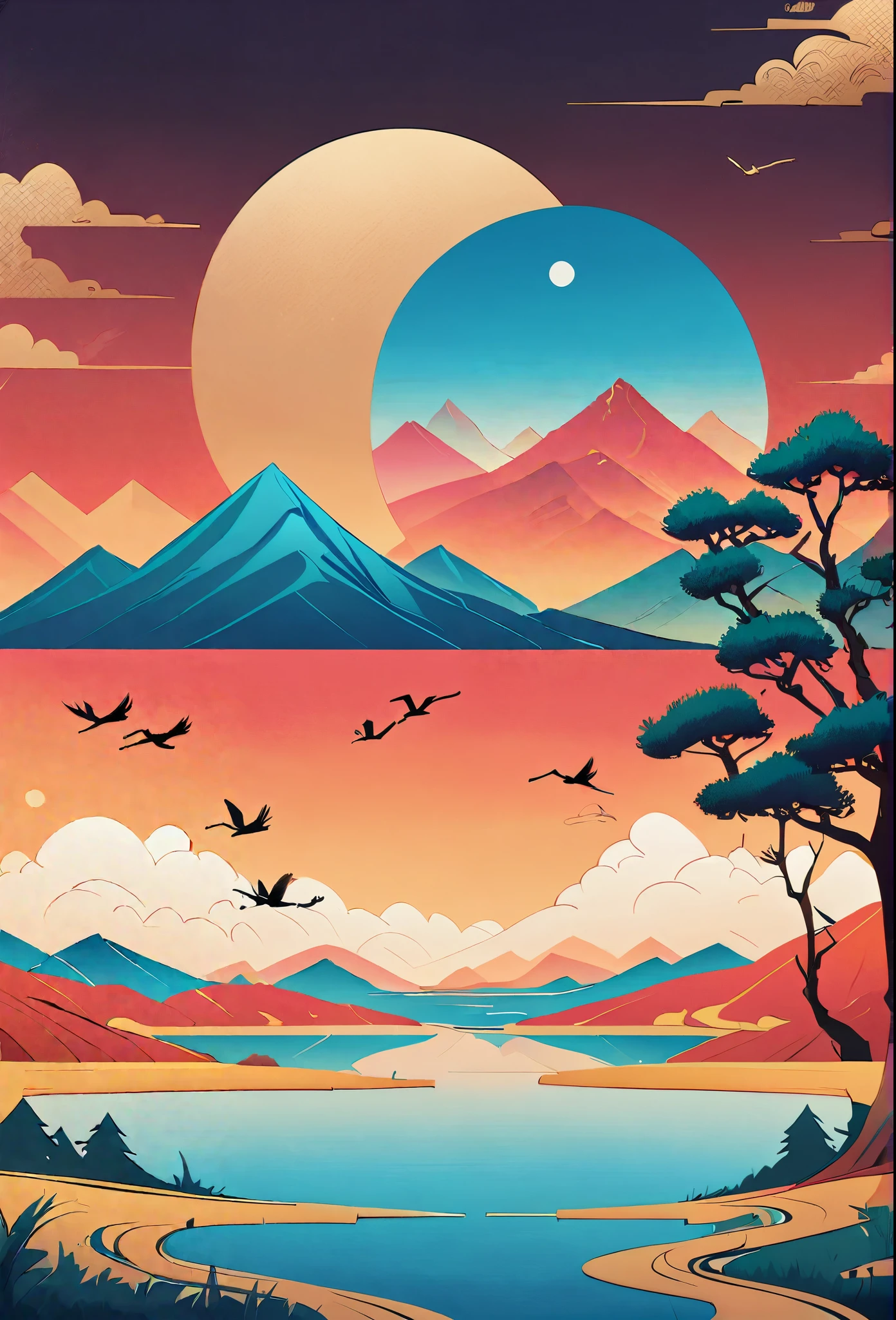 pine,Thousand Miles of Rivers and Mountains,Flying cranes,Lacquer、Comfort、Mountains,Gold Leaf,The minimalist composition of Chinese landscape painting、Red sky pure color