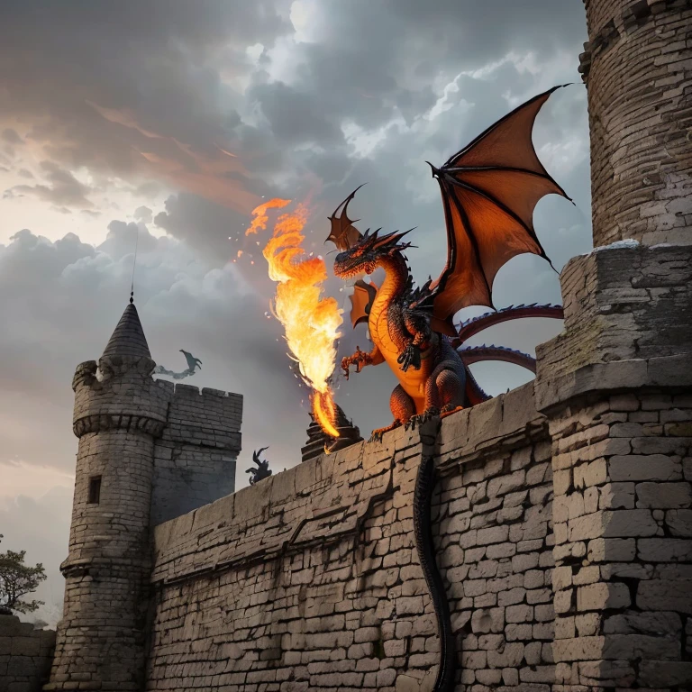 there is a dragon that is sitting on a wall with a fire, fire breathing dragon, ''dragon breathing fire, firebreathing dragon, dragon breathing fire, dragon blowing fire above, “fire breathing dragon, drogon, the devil in hell as a dragon, world of fire and blood, dragon spits fire on a man, realistic lifelike dragon, firebreathing