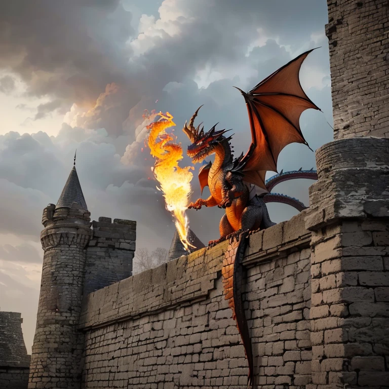 there is a dragon that is sitting on a wall with a fire, fire breathing dragon, ''dragon breathing fire, firebreathing dragon, dragon breathing fire, dragon blowing fire above, “fire breathing dragon, drogon, the devil in hell as a dragon, world of fire and blood, dragon spits fire on a man, realistic lifelike dragon, firebreathing