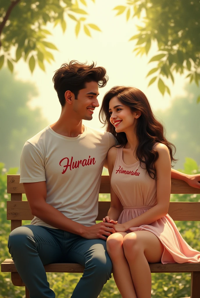A beautiful girl whose name is HURAIN written on her clothes and a handsome boy whose name is HIMANSHU written on his clothes, both together. and who is sitting on a bench