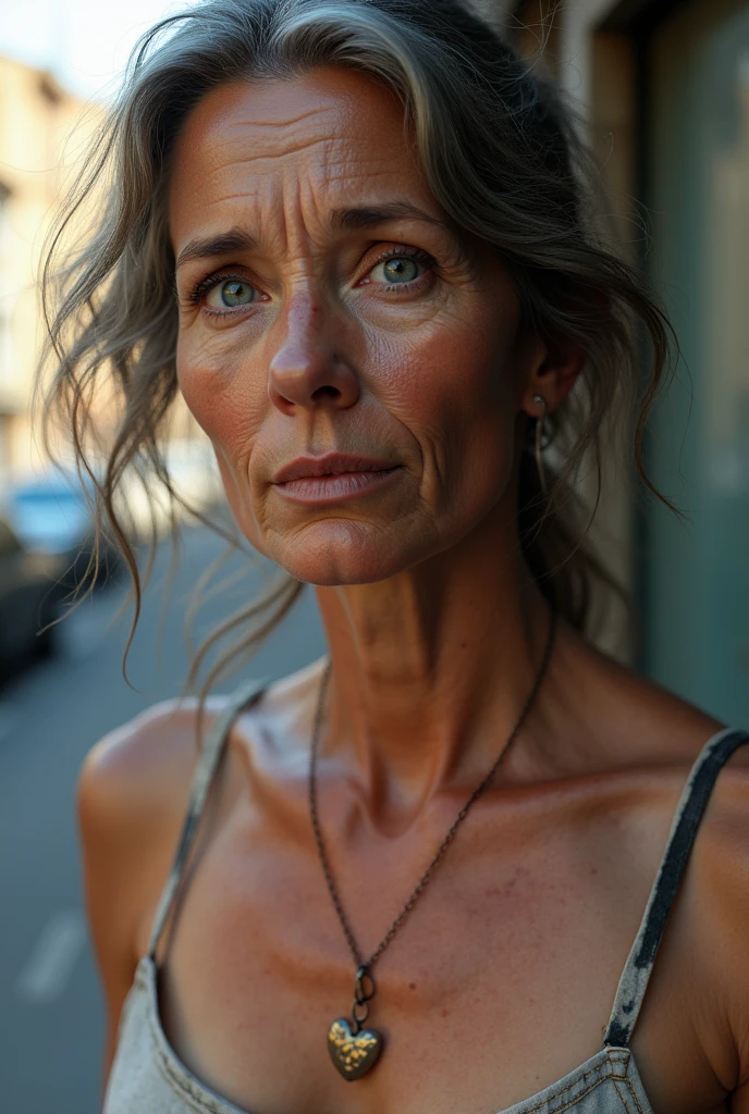 35 year old mature simple woman, wrinkles on the face, Blue eyes, not a perfect face, (photorealistic:1.4, extremely complex:1.3, radiation, photon mapping, dtx, 8 K), ((((heart necklace close up, casual wear, [medium breast:Big breasts:0.8])), [Skin detail:freckles:0.7], natural), Bock effect, blurred background, Focus on face, street realistic light, no nudity, No eroticism