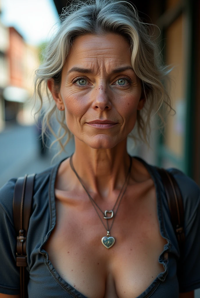 35 year old mature simple woman, wrinkles on the face, Blue eyes, not a perfect face, (photorealistic:1.4, extremely complex:1.3, radiation, photon mapping, dtx, 8 K), ((((heart necklace close up, casual wear, [medium breast:Big breasts:0.8])), [Skin detail:freckles:0.7], natural), Bock effect, blurred background, Focus on face, street realistic light, no nudity, No eroticism