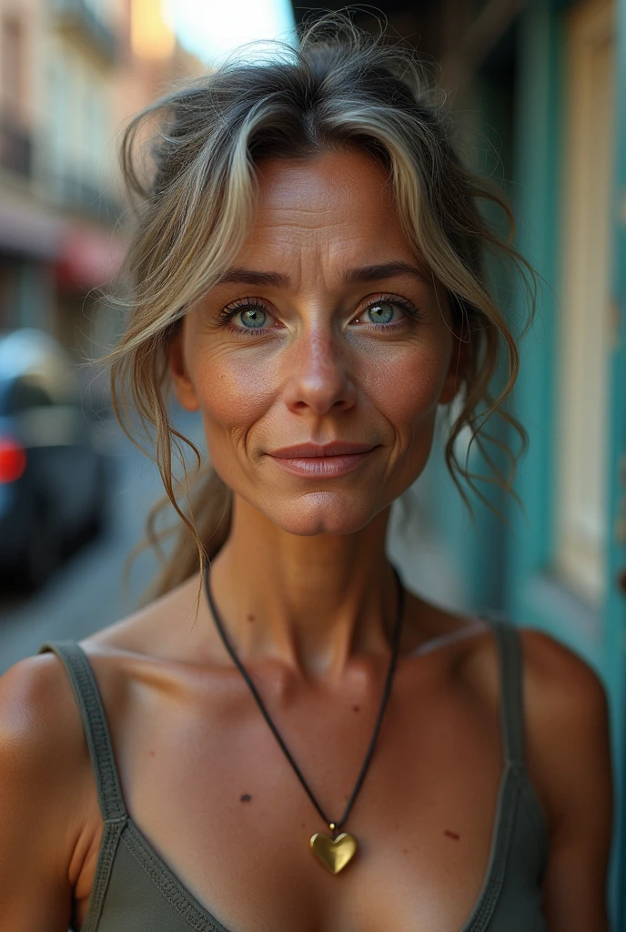 35 year old mature simple woman, wrinkles on the face, Blue eyes, not a perfect face, (photorealistic:1.4, extremely complex:1.3, radiation, photon mapping, dtx, 8 K), ((((heart necklace close up, casual wear, [medium breast:Big breasts:0.8])), [Skin detail:freckles:0.7], natural), Bock effect, blurred background, Focus on face, street realistic light, no nudity, No eroticism