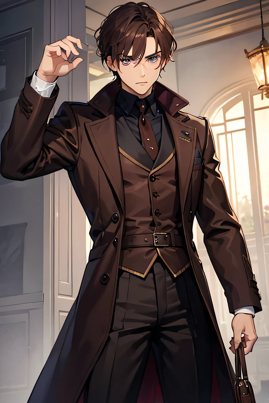 a man with purple eyes, brown hair and a serious expression, wearing a brown overcoat