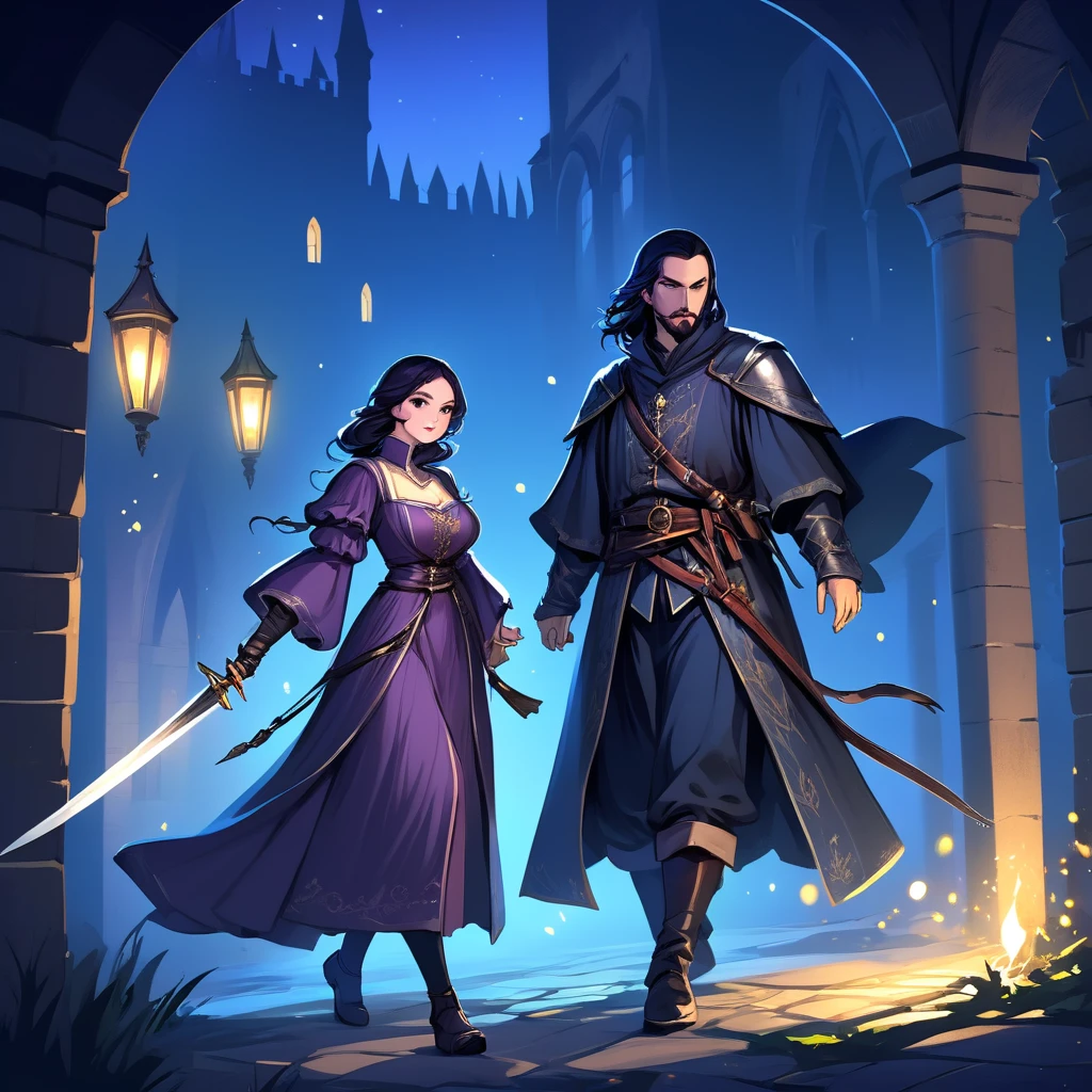 Medieval Europe,at night,An assassin in night clothes,Behind a noble man,Nobleman with dagger。Mid-ground composition,Game illustration style,Magic style,Suitable for card illustrations。