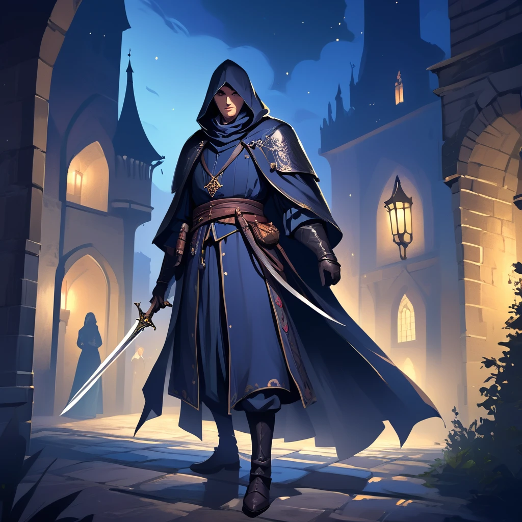 Medieval Europe,at night,An assassin in night clothes,Behind a noble man,Nobleman with dagger。Mid-ground composition,Game illustration style,Magic style,Suitable for card illustrations。