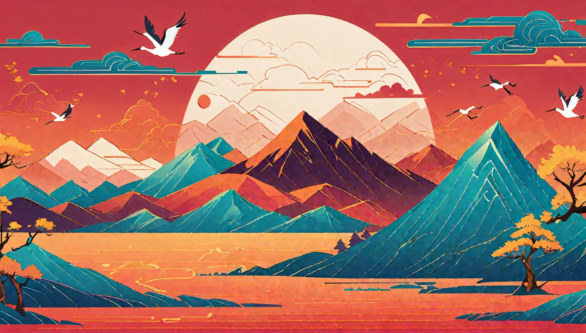 pine,Thousand Miles of Rivers and Mountains,Flying cranes,Lacquer、comfort、Mountains,Gold Leaf,Minimalist Composition of Chinese Landscape、Red sky pure color,illustration