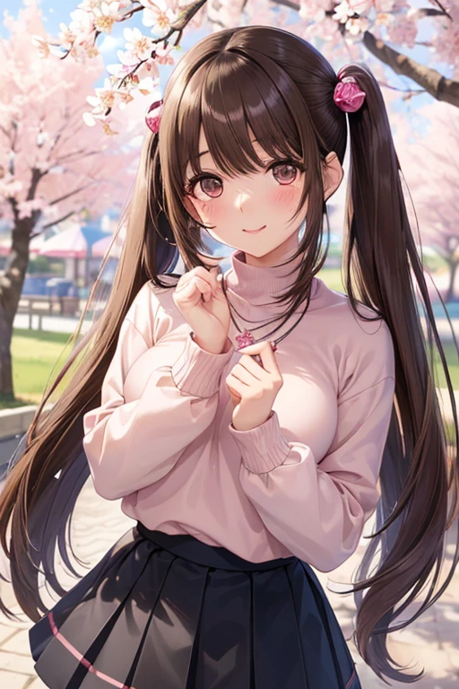 anegasaki nene、Shiny brown hair, Long Hair,Twin tails、 (Beautiful brown eyes、Sparkling eyes, Fine grain)、smile、Ultra-detailed eyes、非常にDetailed face, Highly detailed eyes,


(masterpiece,Highest quality,High resolution,Highest quality,Super Details),8k,wallpaper,An illustration,
1 girl, single, alone, Beautiful Anime Girls, Beautiful art style, Anime characters, 
((Long Hair, bangs, Brown Hair)), ((Beautiful eyelashes, current eyes)), ((Detailed face, blush:1.2)), 
((Pink Sweater, Long sleeve, Black Skirt, Checked skirt, Stylish, 1 diamond necklace)), smile,  amusement park, ((cherry blossoms, cherry blossomsが散る))