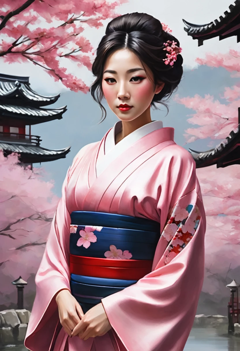 A hyper realistic Anime style portrait, Create a digital painting of an elegant woman dressed in a traditional Japanese kimono with a modern twist. The kimono is primarily black, providing a strong and sophisticated base, and features red and pink cherry blossom patterns that add warmth and delicacy. The red obi (belt) complements the kimono and adds a vibrant contrast. The woman is holding a large red umbrella above her, with subtle highlights that suggest sunlight filtering through. Her eyes are closed, exuding grace and serenity, and her hair is styled in a neat updo with soft waves. The background should depict a serene Japanese garden with cherry blossom trees in full bloom and a traditional pagoda structure in muted reds, with soft pastel hues creating a peaceful atmosphere. The textures should be smooth and polished, with the kimono appearing silky and luxurious, and the cherry blossoms delicate and soft. The overall atmosphere should be calm and sophisticated, with a harmonious blend of colors and textures that emphasize the character’s elegance and the serene setting