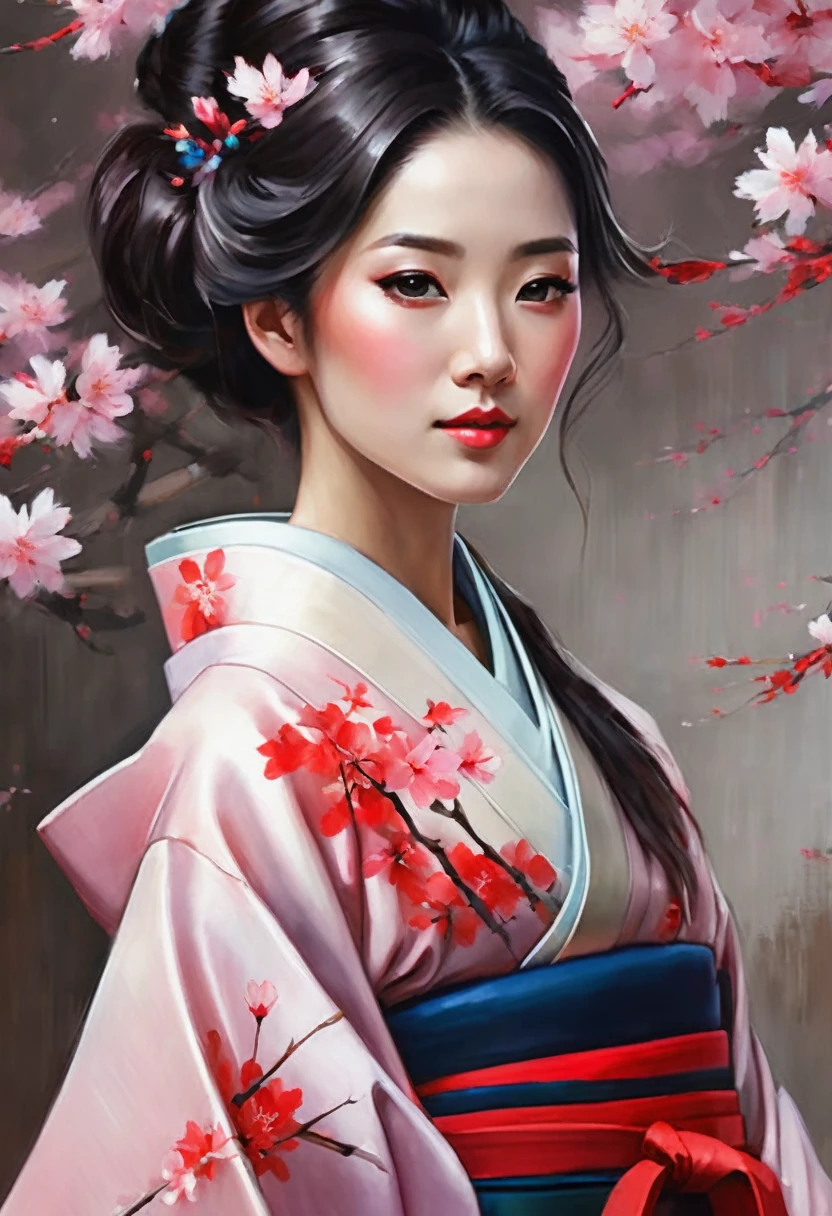 A hyper realistic Anime style portrait, Create a digital painting of an elegant woman dressed in a traditional Japanese kimono with a modern twist. The kimono is primarily black, providing a strong and sophisticated base, and features red and pink cherry blossom patterns that add warmth and delicacy. The red obi (belt) complements the kimono and adds a vibrant contrast. The woman is holding a large red umbrella above her, with subtle highlights that suggest sunlight filtering through. Her eyes are closed, exuding grace and serenity, and her hair is styled in a neat updo with soft waves. The background should depict a serene Japanese garden with cherry blossom trees in full bloom and a traditional pagoda structure in muted reds, with soft pastel hues creating a peaceful atmosphere. The textures should be smooth and polished, with the kimono appearing silky and luxurious, and the cherry blossoms delicate and soft. The overall atmosphere should be calm and sophisticated, with a harmonious blend of colors and textures that emphasize the character’s elegance and the serene setting