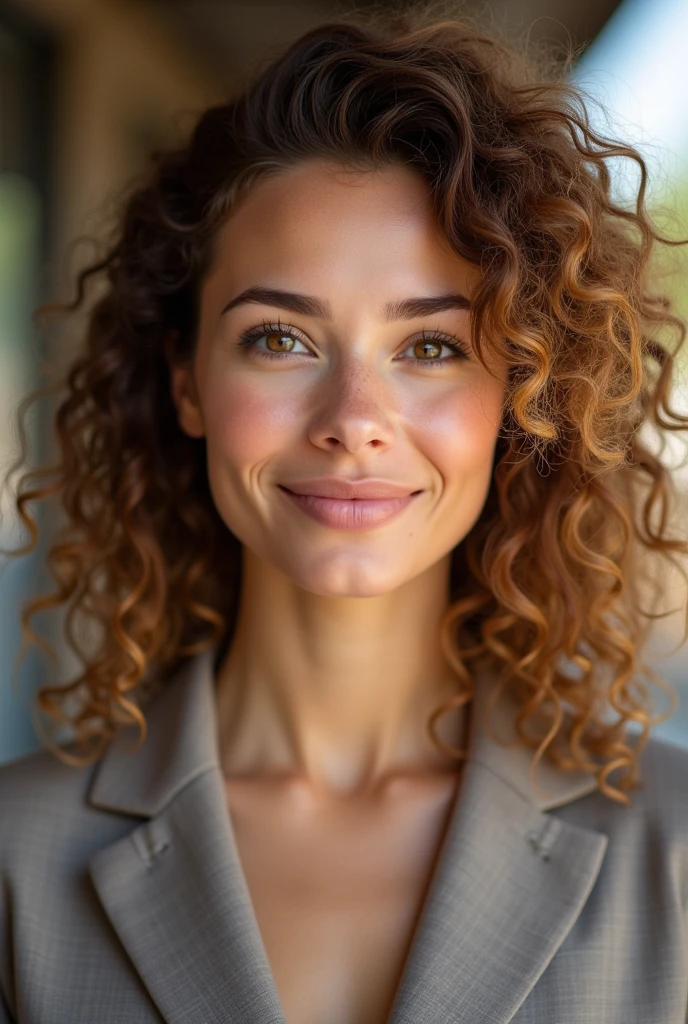 Girl, an oval and more defined face, with slightly more pronounced cheekbones. Her clear and soft skin. his eyes, large and chestnut , a deep and confident look, with dark eyebrows, fine and well defined, thick.
Her straight nose is proportional and harmonious with the rest of her features.. The lips, Natural pink color, with its shape defined especially in the upper lip.
Curly and voluminous hair highlighting, but I could wear it in a more polished and professional style, Chestnut colored with golden highlights.
La Girl debe tener 30 años y ejercer turismo (your profession).
Make her not look so old