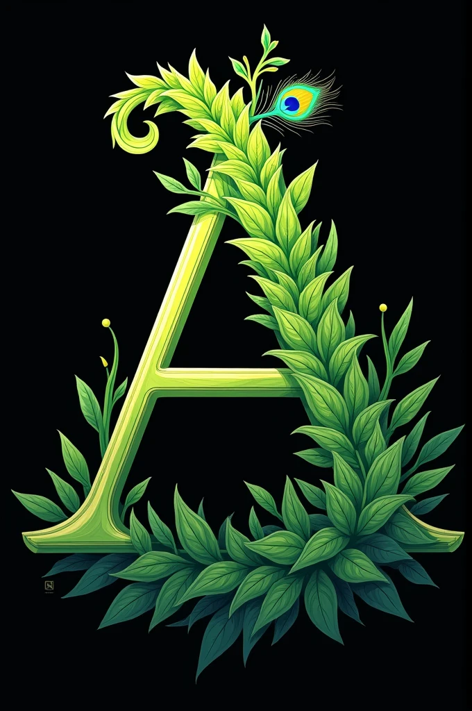 The image is a digital illustration of a flute with a peacock feather on top. The flute is in the shape of a letter "A" and is made up of green leaves and swirls. The leaves are arranged in a way that they form a wave-like pattern around the flute. The background is black, making the colors of the leaves and peacock feathers stand out. The overall design is intricate and detailed, with a sense of movement and energy.