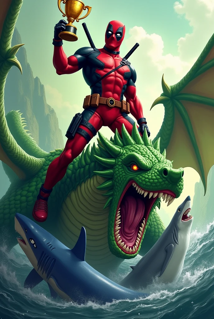 Deadpool on top of a green dragon holding a trophy and below a dead blue shark and gray whale  