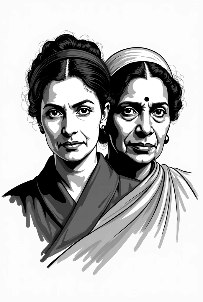 As Indian National Congress leaders: Anne Besant, Irish lady and Sarojini Naidu emerged as an important national leader who later became the President of IN DIA. Their 50's pop potrial sketch with black outline with white background only