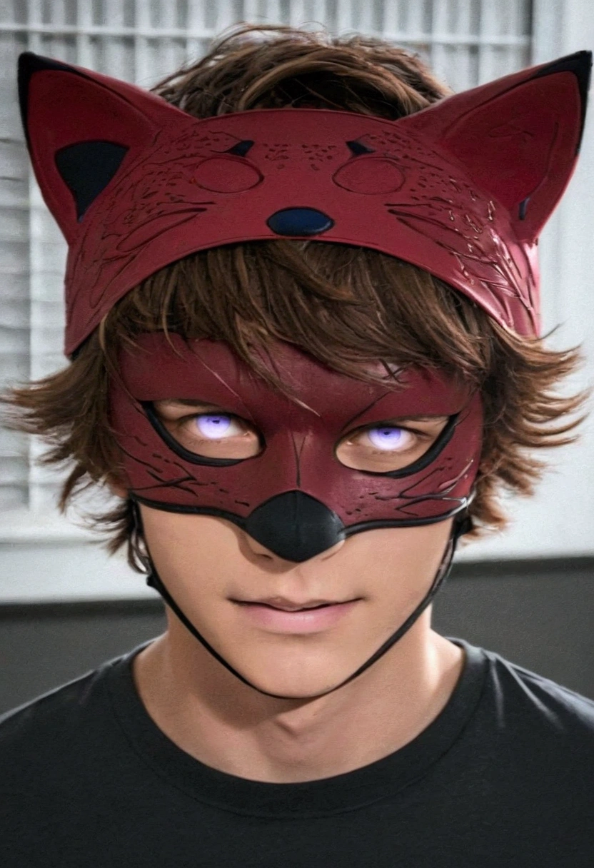 brown hair, short hair, 1boy, gray t-shirt wearing foxy mask, Micheal afton, red foxy mask on head,