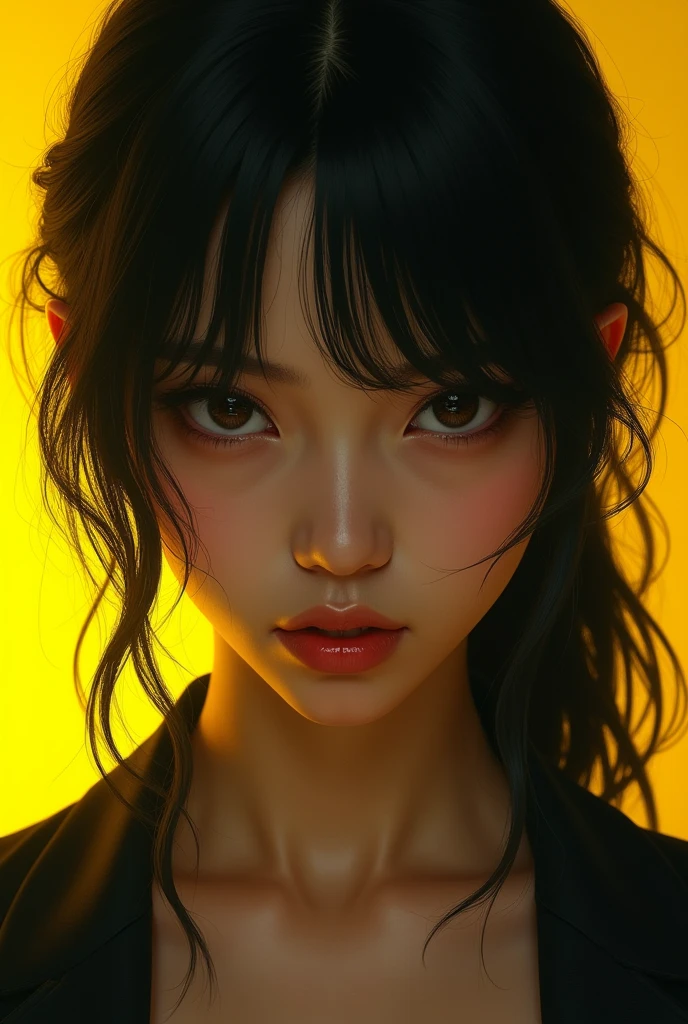 Beautiful girl with black hair and cold eyes with rage, yellow color She looks magnificent