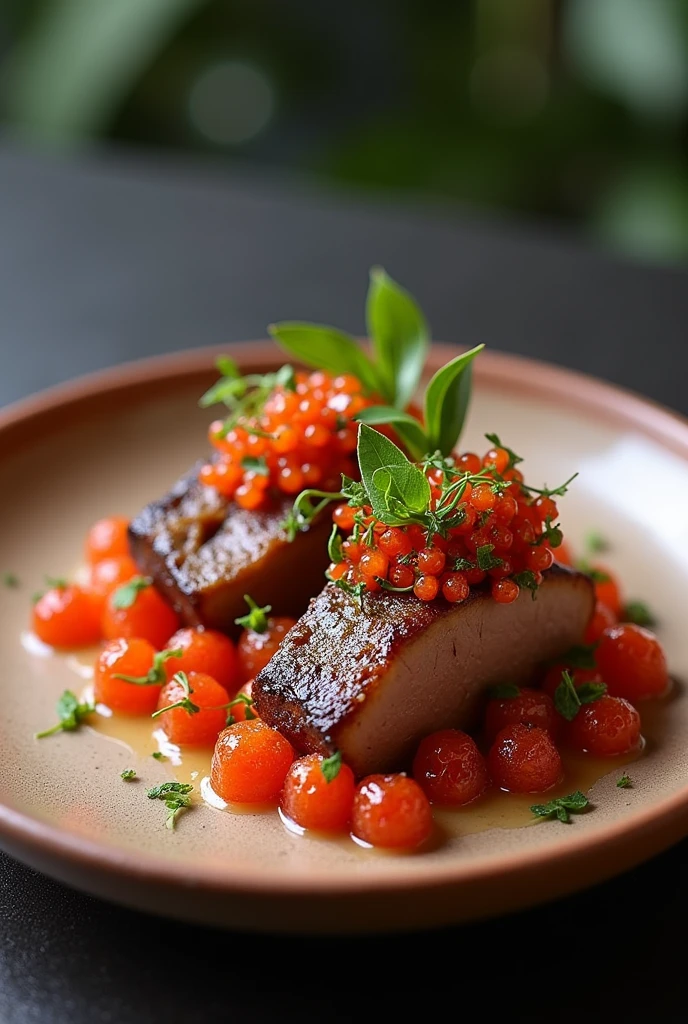 Presentation of a main dish fusing the Valluno-Andean cuisine of Bolivia made with murmunta (cianobacteria) as the main ingredient, Llama meat cooked on embers and rainbow chili encapsulated in a false caviar using cutting-edge techniques where cyanobacteria is the star of the dish. 8k image More rustic but aesthetic presentation with handmade clay and porcelain tableware