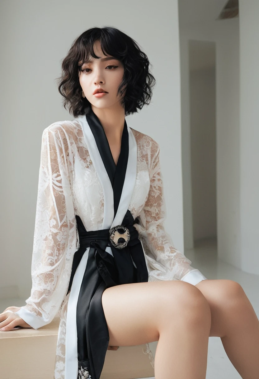Femboy with short and curly hair, light skin complexion, wearing royal neck brace and rolyal anklet, bare feet, wearing a Contrast Lace Lingerie Set, Semi Sheer Long Sleeve Robe With Belt & Thong, Women's Sexy Lingerie & Underwear