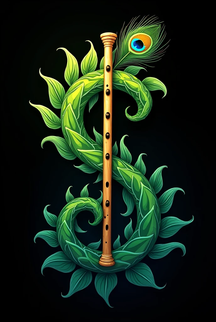 The image is a digital illustration of a flute with a peacock feather on top. The flute is in the shape of a sentence "Aakriti" and is made up of green leaves and swirls. The leaves are arranged in a way that they form a wave-like pattern around the flute. The background is black, making the colors of the leaves and peacock feathers stand out. The overall design is intricate and detailed, with a sense of movement and energy.