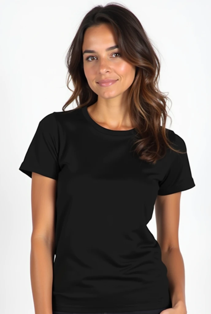 young woman in black women's t-shirt, Lisa, unisex, on a white background