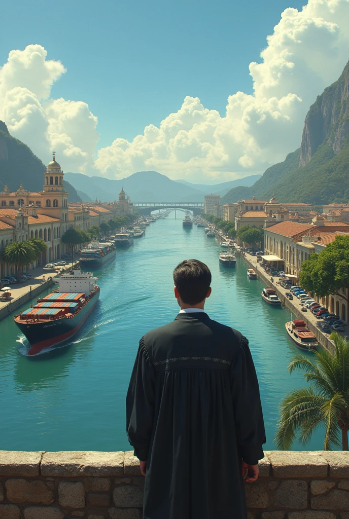Create an image about the English language, The Panama Canal and Old Panama 