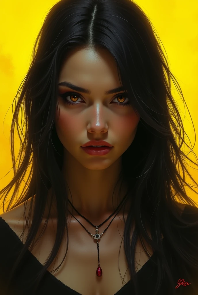 Beautiful girl with black hair and cold eyes with rage, yellow color She looks magnificent