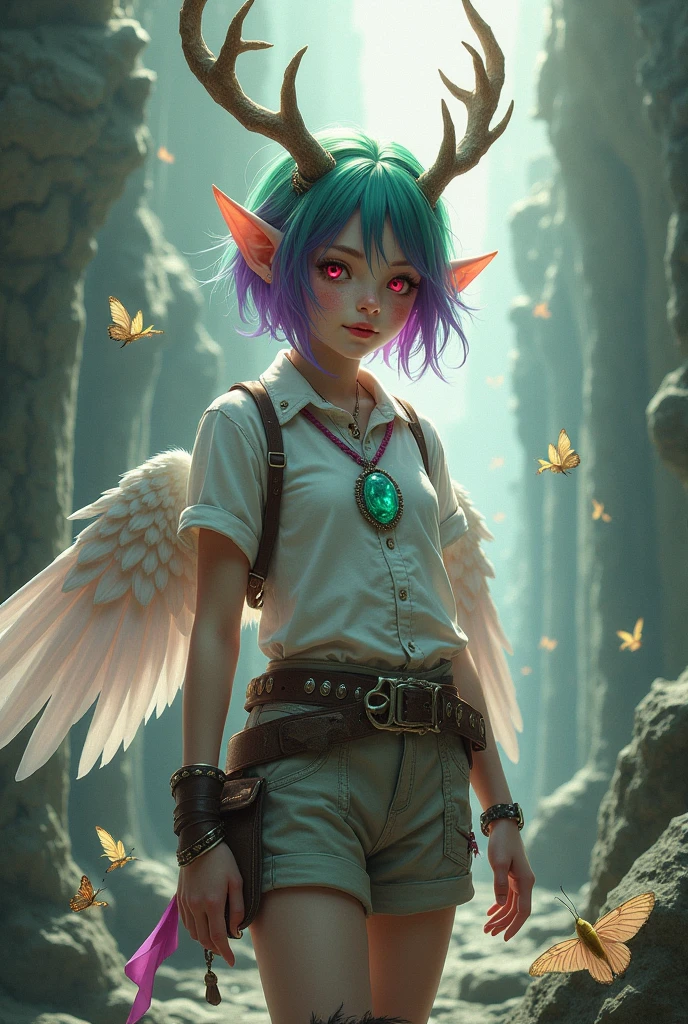 ((Best Quality)), ((masterpiece)), (detailed), (original), (realist), girl short green and fuchsia violet hair, medium fire red eyes, Elf's ears, soft smooth skin, small mouth, pink, glow, freckled, elk antlers, introvert, shy, angelic, Whole body, pants with belt, white shirt with details, cyan pendant, leather boots with pointed toe, transparent stockings, zodiac, survivor, dystopian ruins background, textura refinada glow, bow and arrow costume, mixed clothing, violet locks of hair, butterflies and phoenix, tangled in ribbons, combat potion, Angel wings,