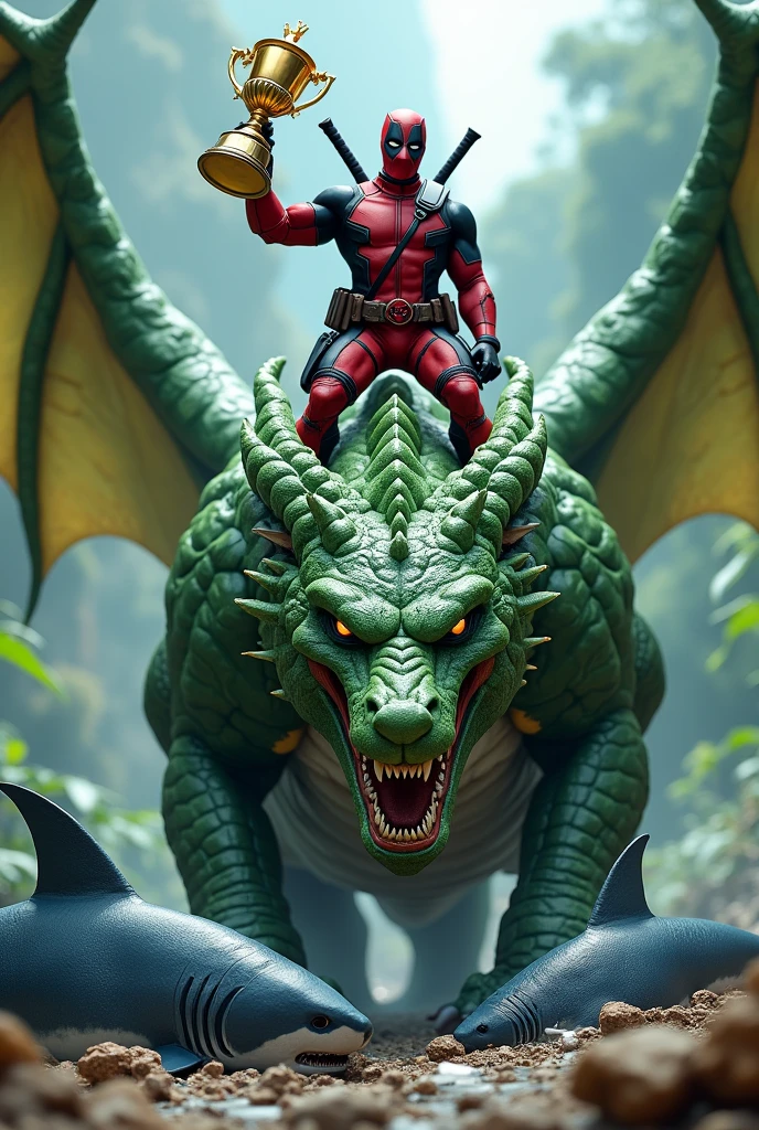 Deadpool on top of a green dragon holding a trophy and below a dead blue shark and whale 