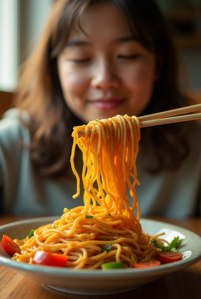 Beauty eating noodles，Photographic grade，Movie storyboard