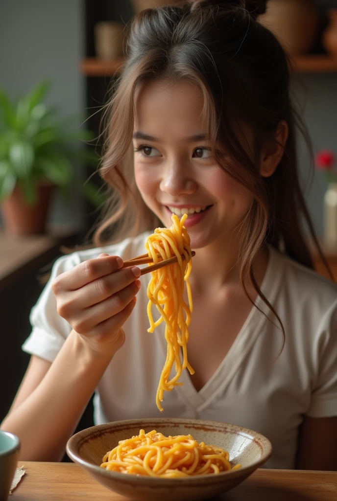Beauty eating noodles，Photographic grade，Movie storyboard