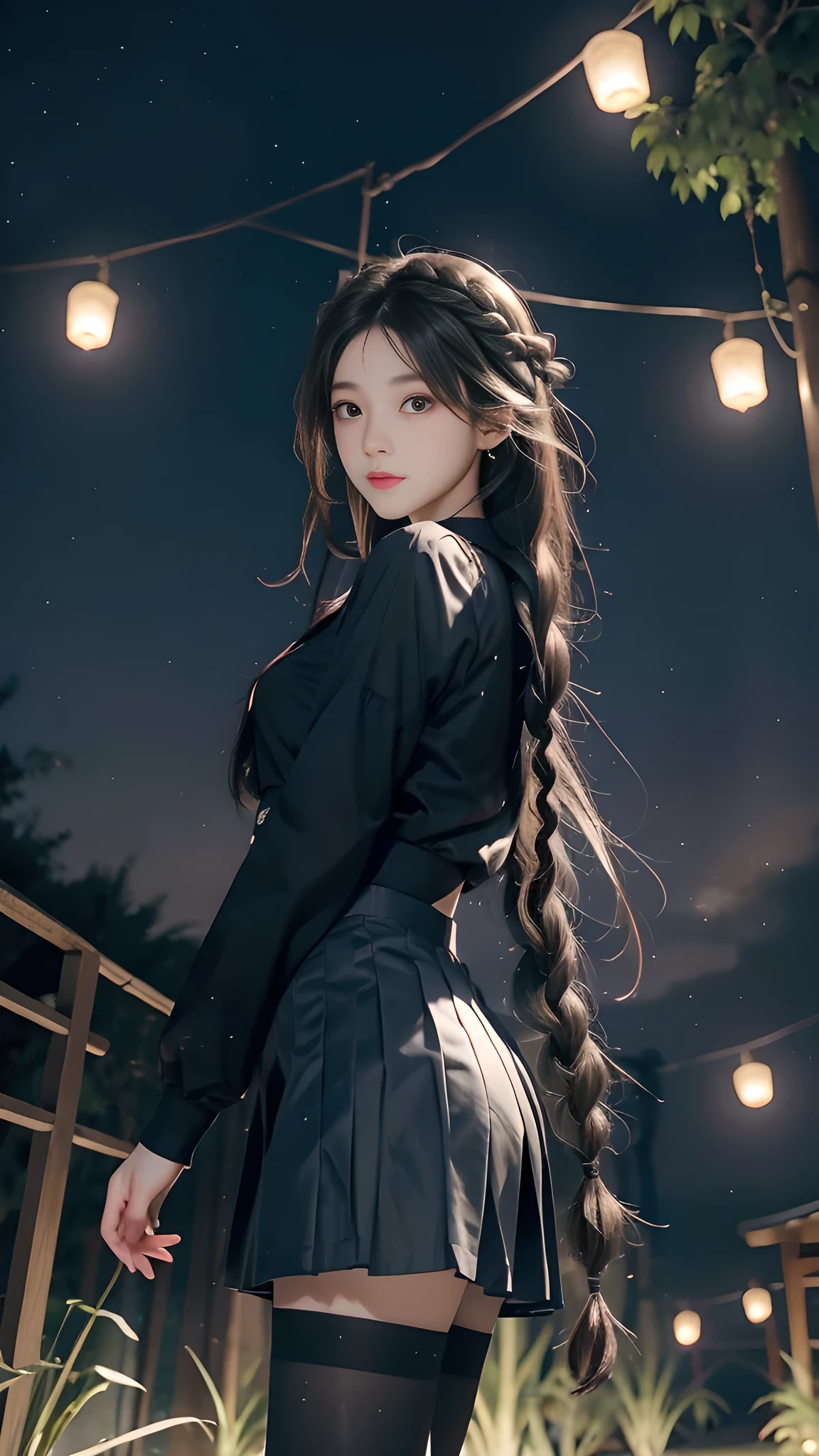 ulzzang-6500-v1.1, (RAW photo: 1.2), (Real photo), (Real photo: 1.4), 1 girl、Perfect anatomy、19 years old、Looking at the camera、Medium length hair、side braids, uniform short skirt, in a surreal royal garden, with many hanging lanterns, under the starry night sky, ((starry night: 1.1))、(Surreal tights: 1.2), (Business service)、Asian eyes Ella,