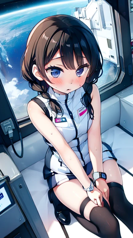 (Highest quality), (masterpiece), 1080P, High resolution, 4K, 8k, Inside the space station、Futuristic room、Thigh straps, Shooting from directly below, The woman on top of me, 白いSweat, Covered , Sweat, Woman looking down, Skirt swimsuit, Thigh-high socks, To achieve this, , , whole body, Black leather shoes, Braided hair, Inner Color, Embarrassed face, Short black hair, bracelet, Bedroom,celestial body_Vest