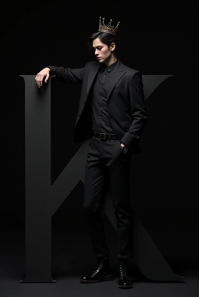 A young man with fair skin, with black hair wearing a formal hairstyle with a crown on her head, he wears black clothes, he is leaning on the letter K, with both hands in his pocket and looking down, the letter is black along with the background representing the abyss.