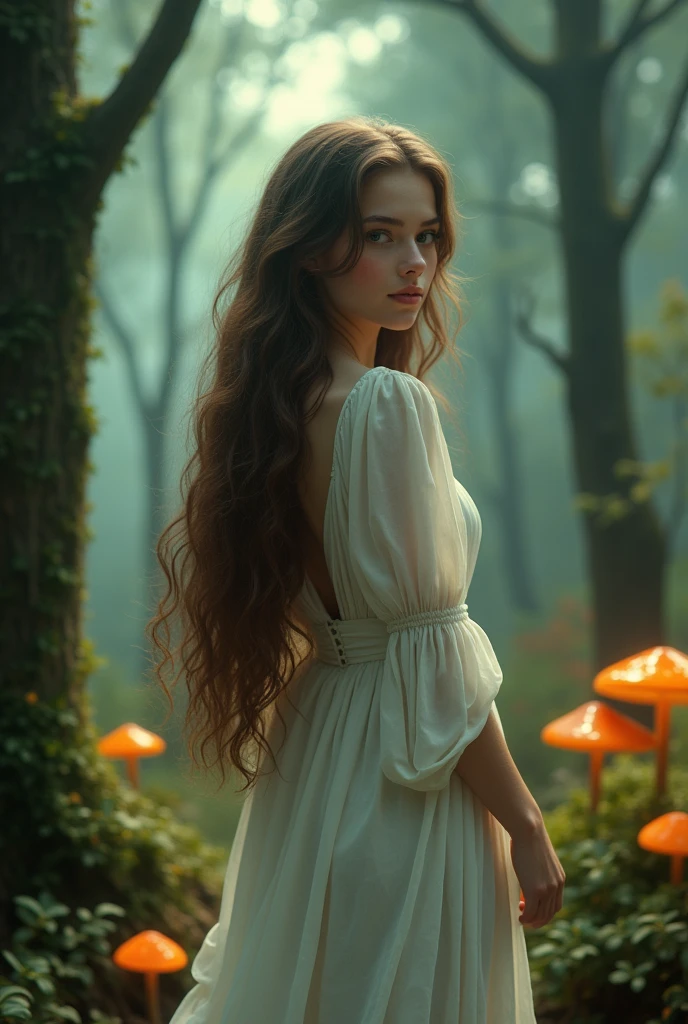 a beautiful girl in a enchanted forest, long wavy brown hair, deep green eyes, pale skin, wearing a long flowing white dress, standing among tall trees and glowing mushrooms, magical atmosphere, cinematic lighting, vibrant colors, detailed, photorealistic, 8k