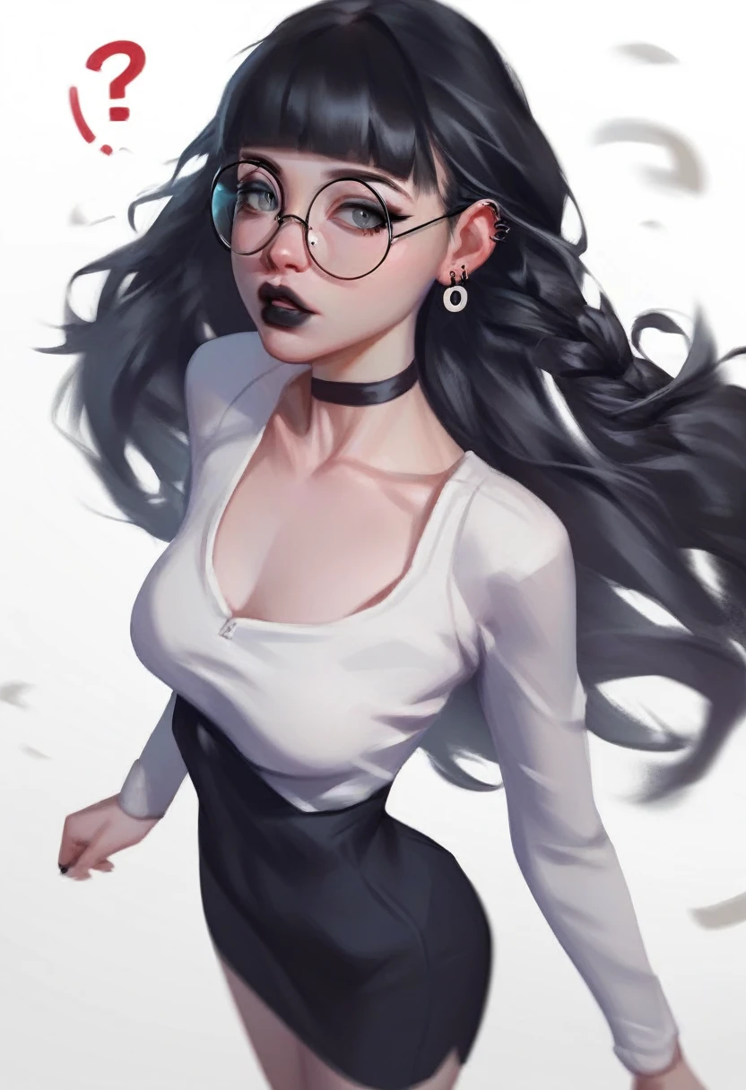 bblurry, traditional art, liu2, brush texture, punctuation_9, punctuation_8_High above, punctuation_7_High above, 1 girl, Bblack hair, braids, slickedback hair, long hair, grey-eyed, thick lips, mic, long eyelashes, half-closed eyes, black frame glasses, round glasses, black choker, Blunt bangs, grown-up, black eyeliner, breasts big, ear piercing, black lips, grey-eyedhadow, looking ahead at viewer, break solo, standing, grown-up, skinny, leg high, arched back, tight slit, break (white background:1.2), simple background, dynamic pose, dynamic angle, angled shot,