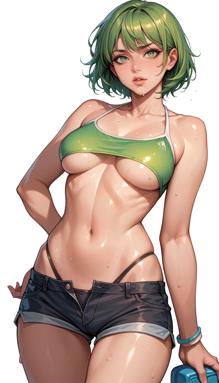 masterpiece,best quality,extreme detail,8k,white background,tamakidoa,1girl,solo,breasts,looking at viewer,short hair,medium breasts,navel,swimsuit,bikini,sweat,green hair,shorts,shiny,lips,wet,shiny skin,short shorts,underboob,black shorts,realistic,Pale green eyes,