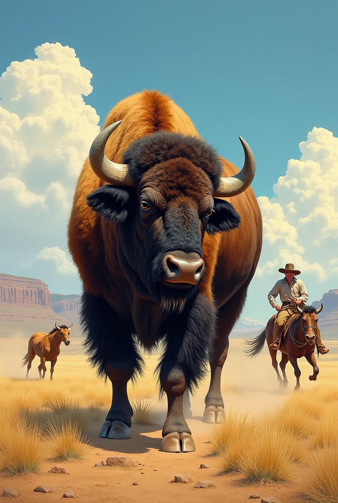 a buffalo, artwork in the style of Tony Moore, Western comics, Wyoming landscape, rodeo